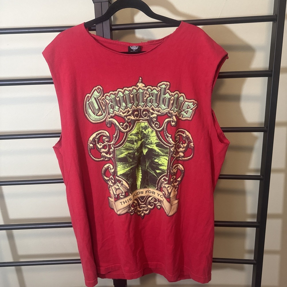 Vintage This One's For You Cannabus T-Shirt W/Graphic‎ Red Cut Sleeves Neck 2XL